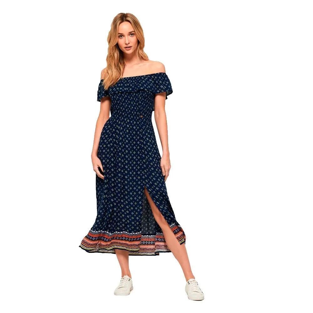 Superdry Off Shoulder Smocked Midi Dress M Blue Boho Print Ruffle Flutter Sleeve
